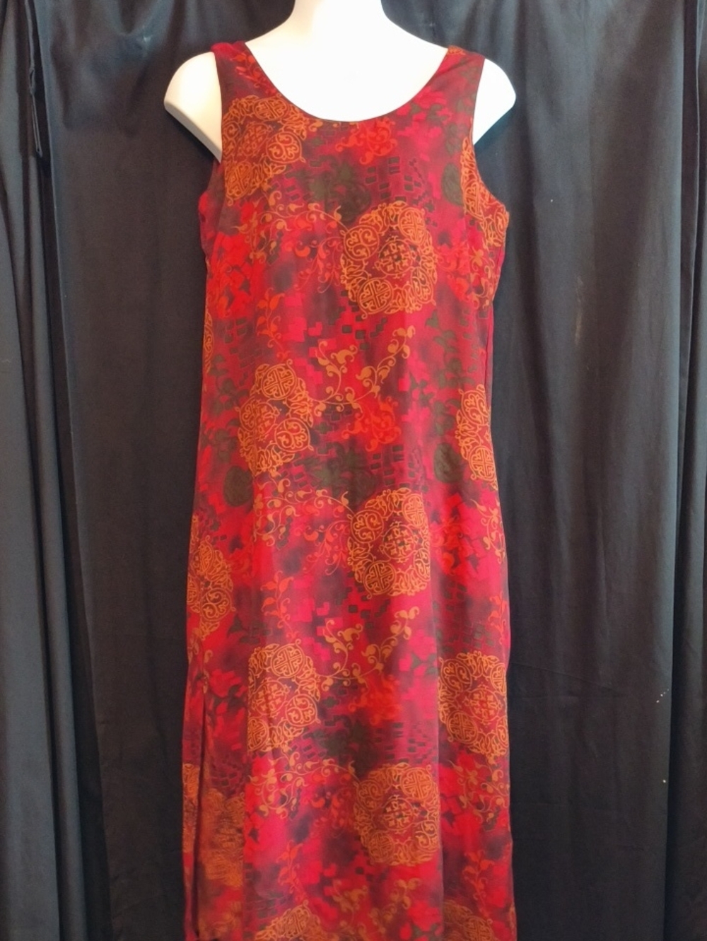 Sleeveless Reversible Burgundy & Orange Printed Shift Dress #0091